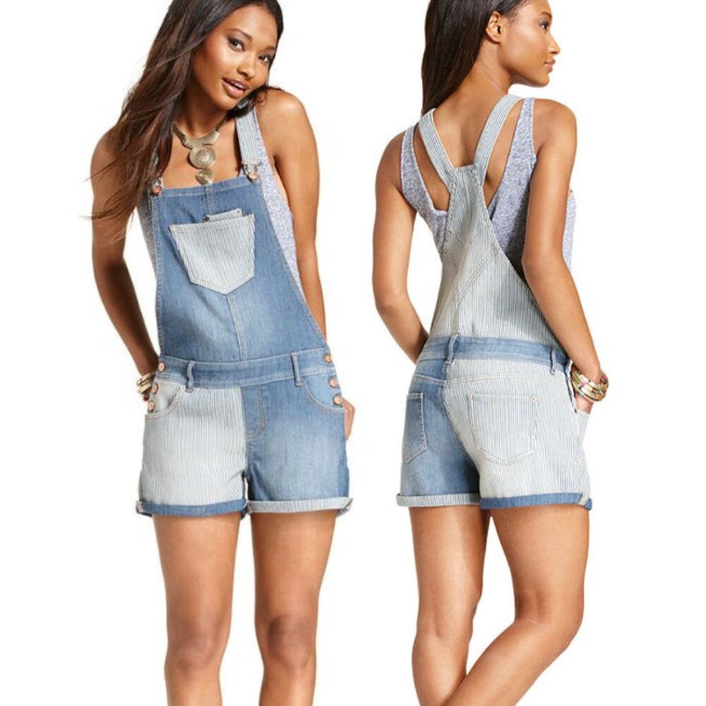AMERICAN RAG Paneled Denim Short Overalls Shortalls Railroad Stripe JUNIORS 3